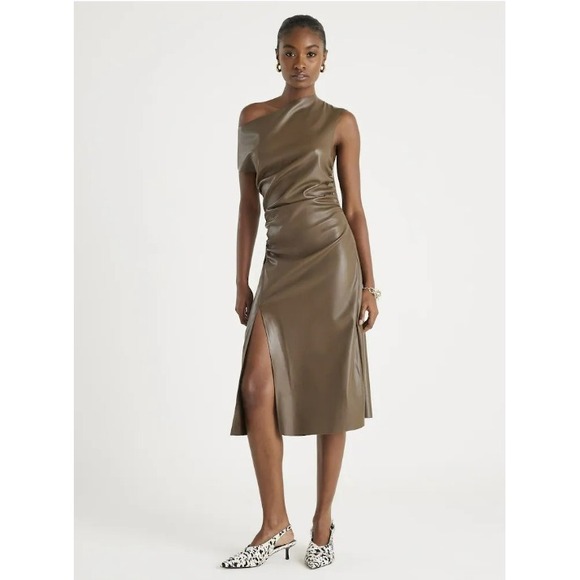 River Island Dresses & Skirts - River Island Drape Cowl Neck Ruched Midi Dress Faux Leather Slit Brown US 8 NEW